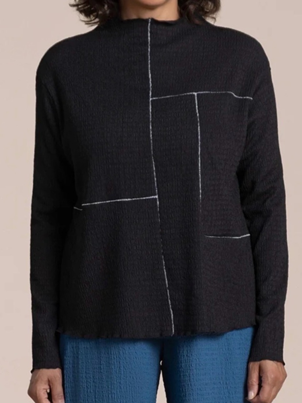 Sympli Pop Collage Top - Black Long-Sleeve Contrast Stitch Top - NWT - Size 10